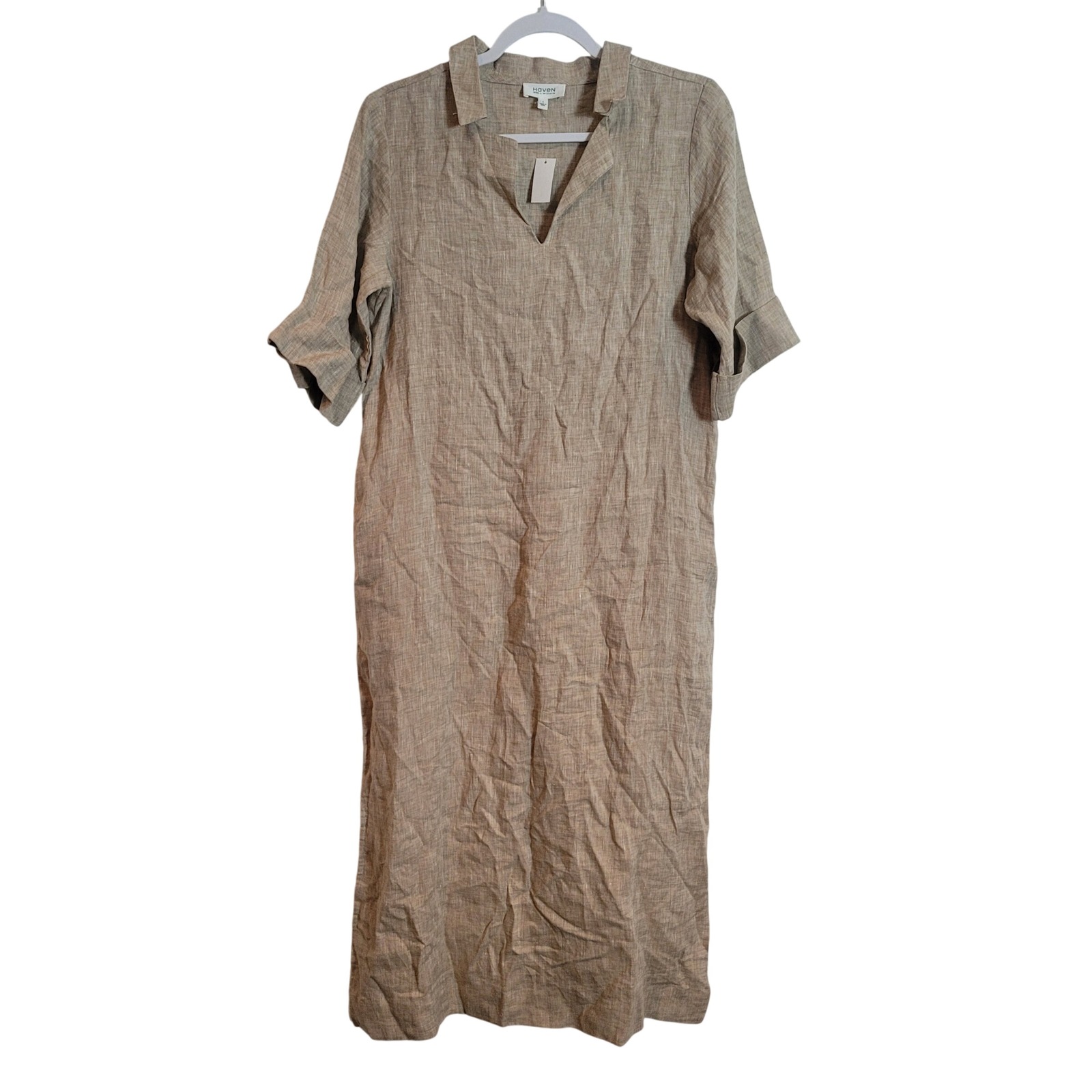 Haven Well Within Womens Tan 100% Linen V-Neck Maxi Shift Dress Size Small New